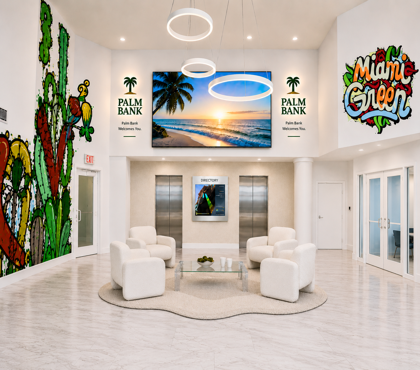 Miami Green lobby lounge with murals and circular pendant lights